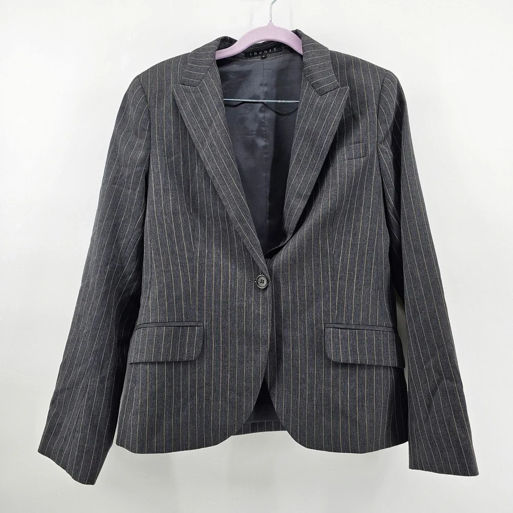 Theory Wool Skirt Suit Women 8 Grey Pinstripe Single Button Blazer Pleated Mini